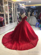 Off Shoulder Dress, Off Shoulder Red Dress, Red Glitter Fabric Red BallGowns Dress, Prom Dresses