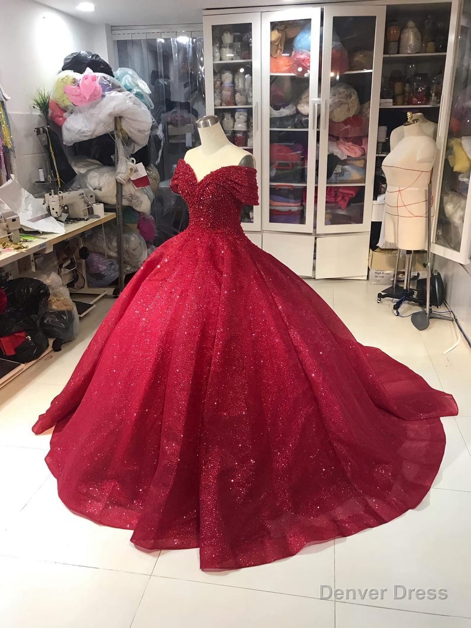 Off Shoulder Dress, Off Shoulder Red Dress, Red Glitter Fabric Red Ballgown Dress, Prom Dress Secondary image