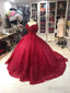 Off Shoulder Dress, Off Shoulder Red Dress, Red Glitter Fabric Red BallGowns Dress, Prom Dresses