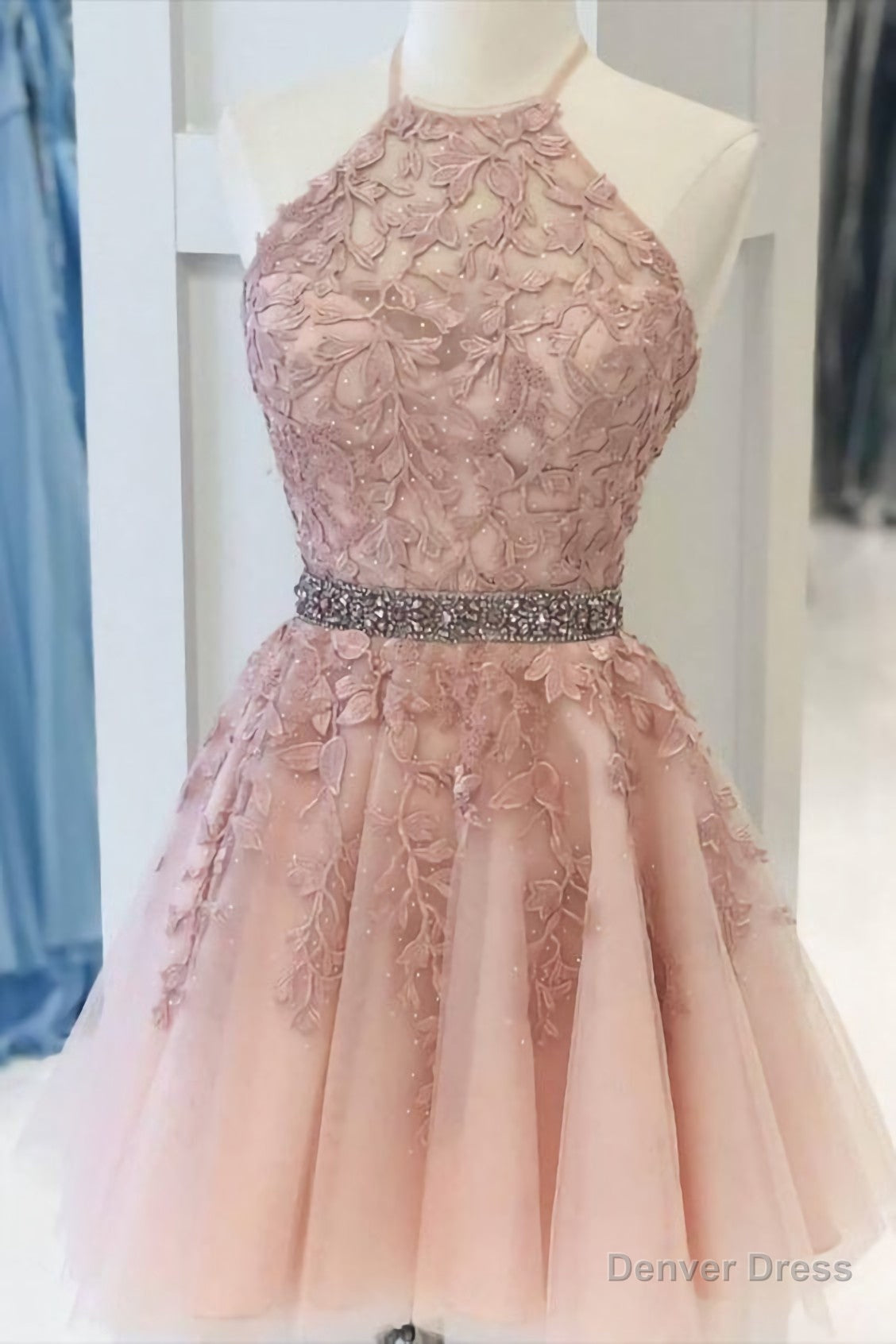 Pink Halter Appliqued Homecoming Dresses, With Beading Belt Main image