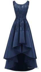 New Arrive Long Prom Dress, Navy Blue Lace Beaded Wedding Prom Dresses, High Low Bridesmaid Gown Prom
