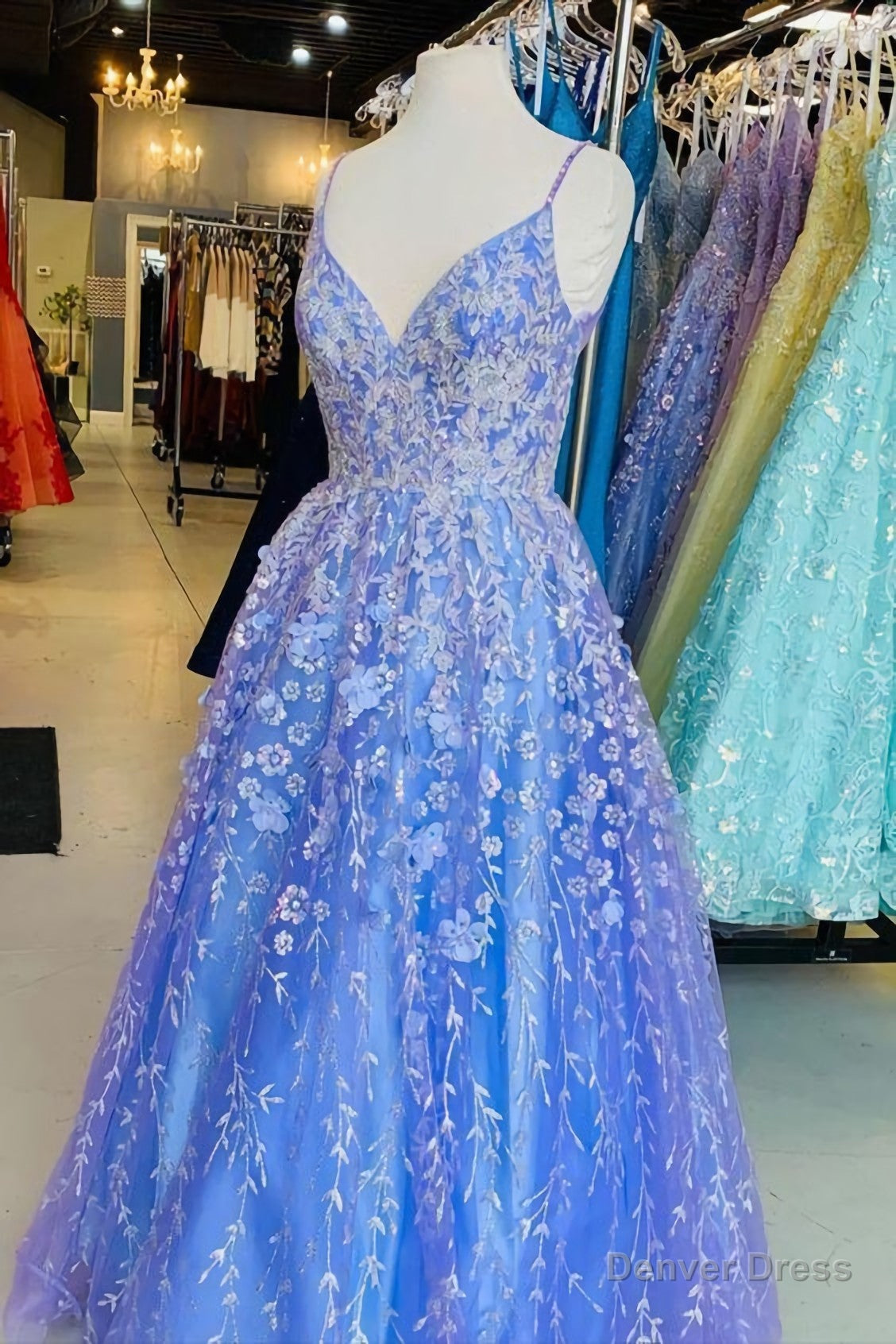 A Line Blue Lace Appliqued Long Prom Dress