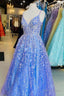A Line Blue Lace Appliqued Long Prom Dress