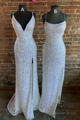 Gorgeous Mermaid White Sequined Long Prom Dresses, Formal Dresses, With Side Slit