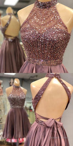 Halter Beaded Open Back Short Homecoming Dresses 2026 Custom Made
