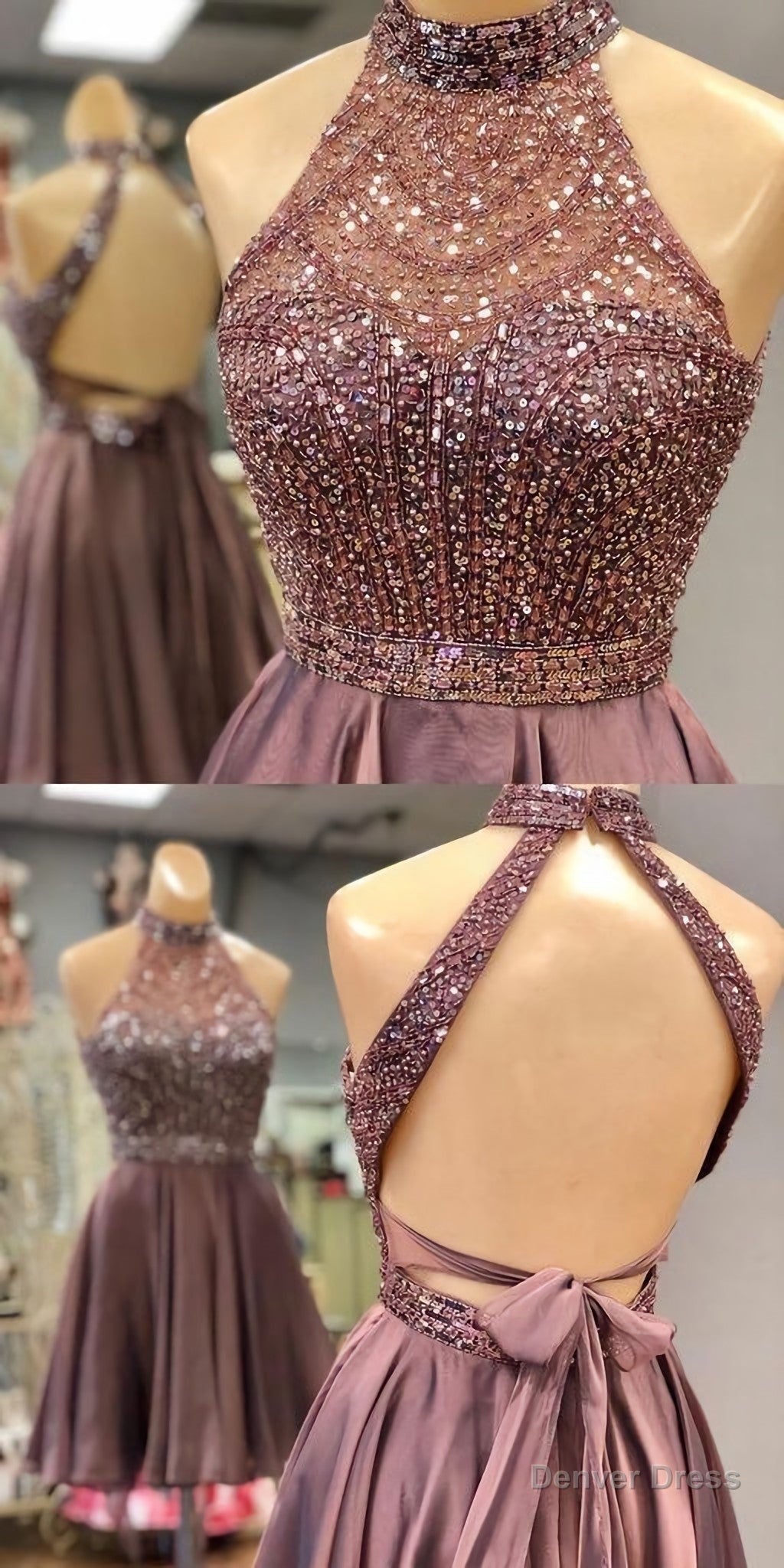 Halter Beaded Open Back Short Homecoming Dresses 2026 Custom Made