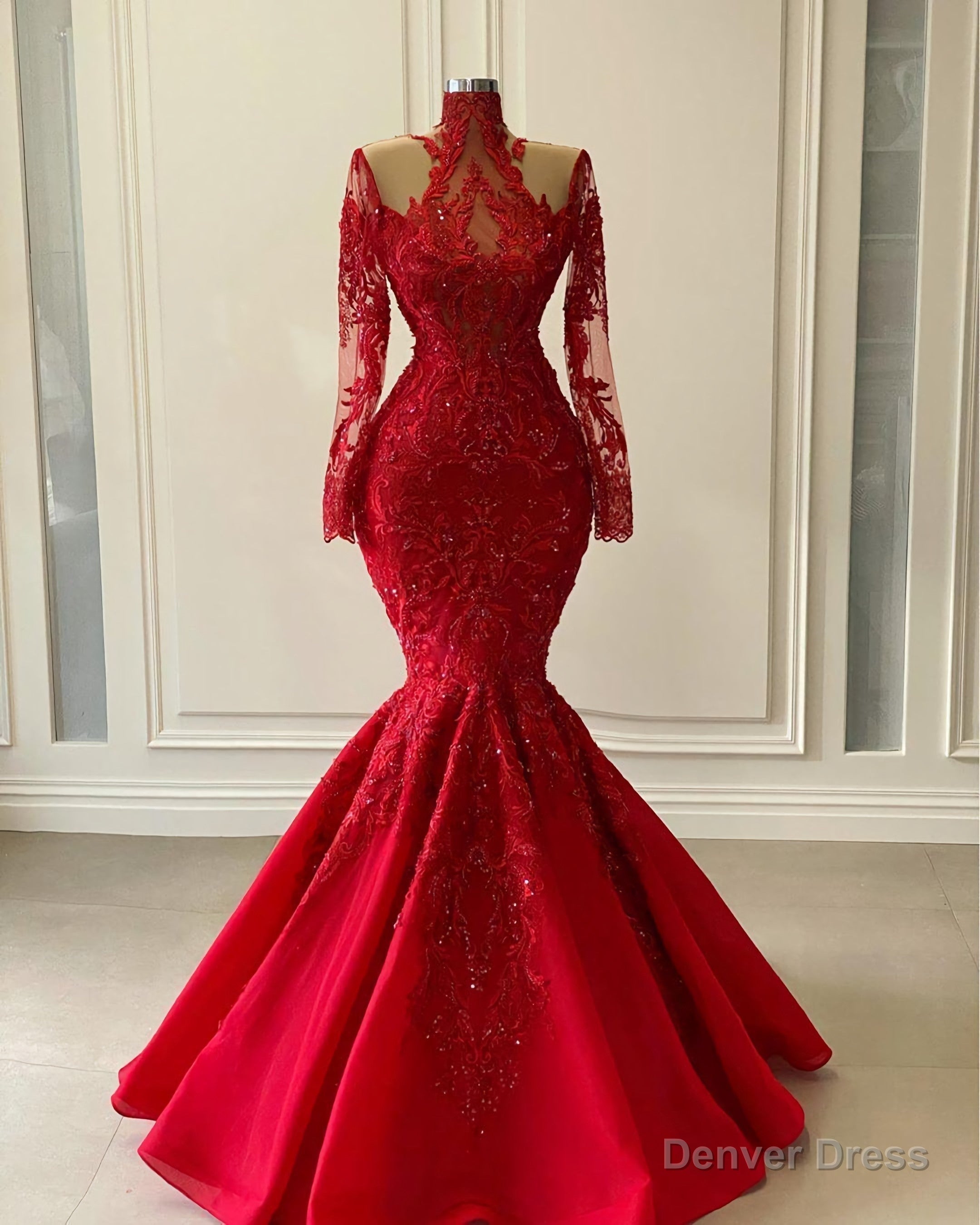 Red Luxurious Lace Beaded Prom Dresses 2026 Red Shiny Long Sleeve High Neck Mermaid Prom Gown Main image
