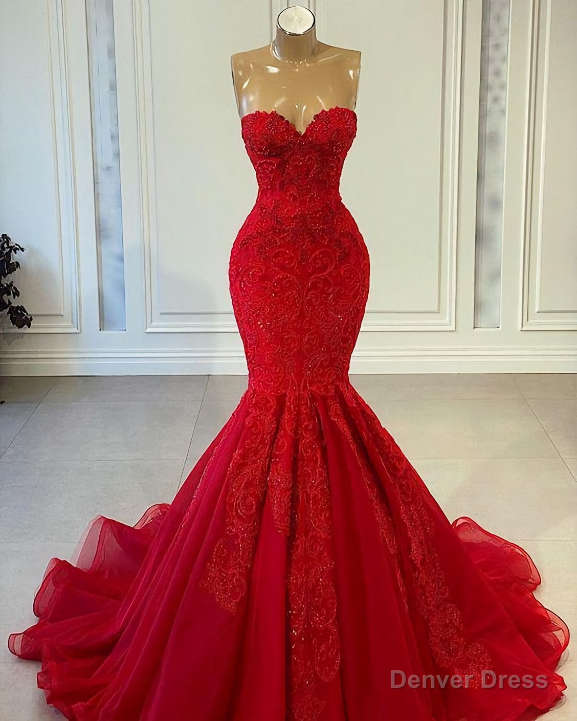 Prom Dress, Lace Prom Dress, Red Prom Dress