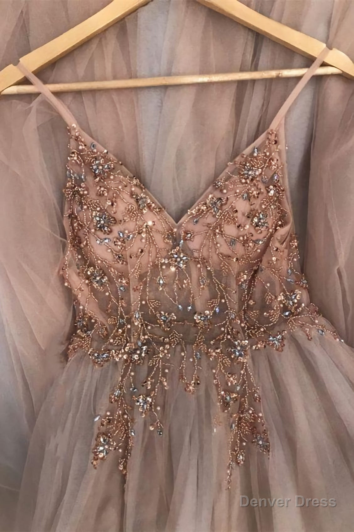 Prom Dress, Straps A Line Beading Rose Wood Prom Dresses, With Crystal