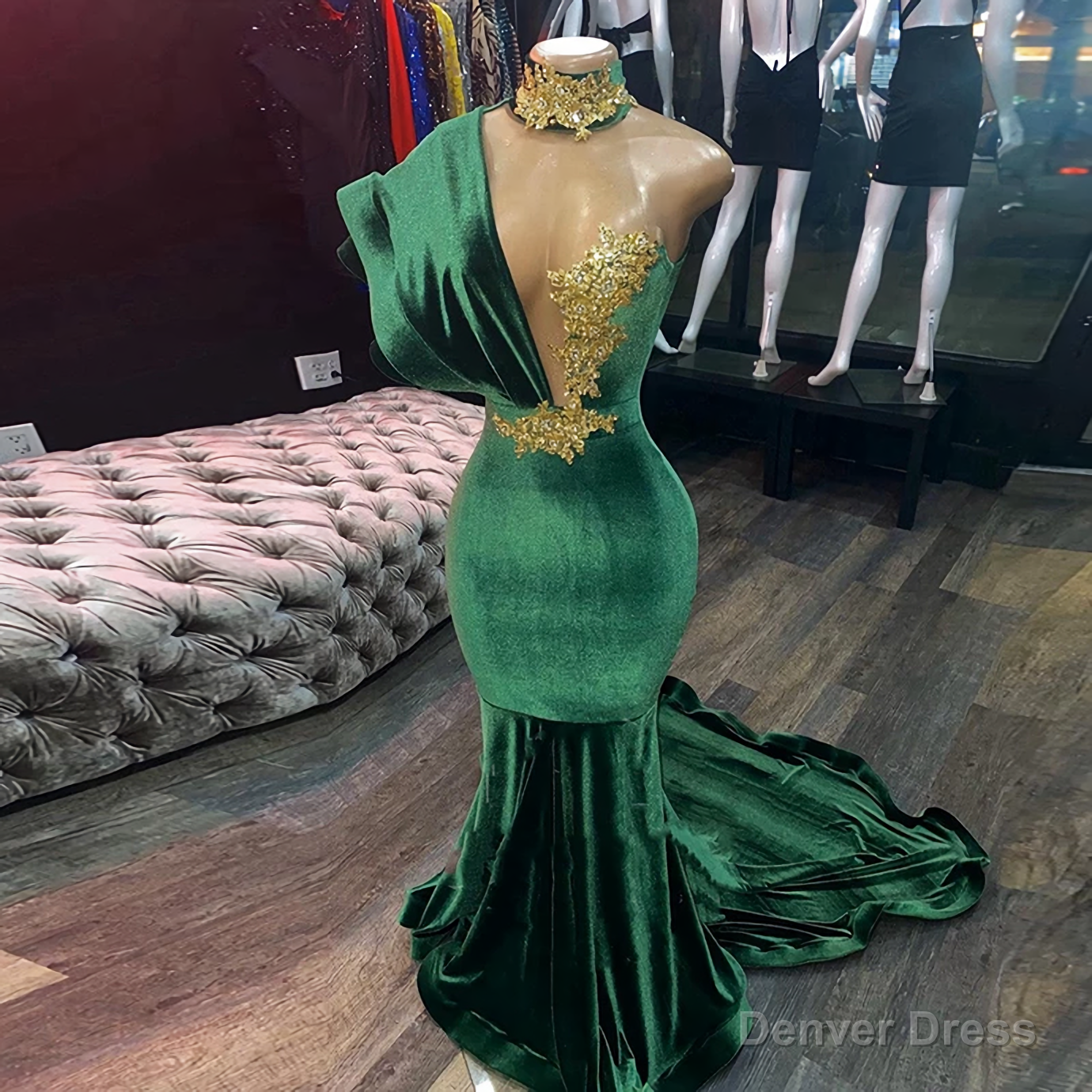 Emerald Green Evening Dresses, High Neck Appliques Gold Lace Mermaid Prom Dresses, Sexy Formal Velvet Party Gowns Main image