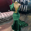 Emerald Green Evening Dresses, High Neck Appliques Gold Lace Mermaid Prom Dresses, Sexy Formal Velvet Party Gowns