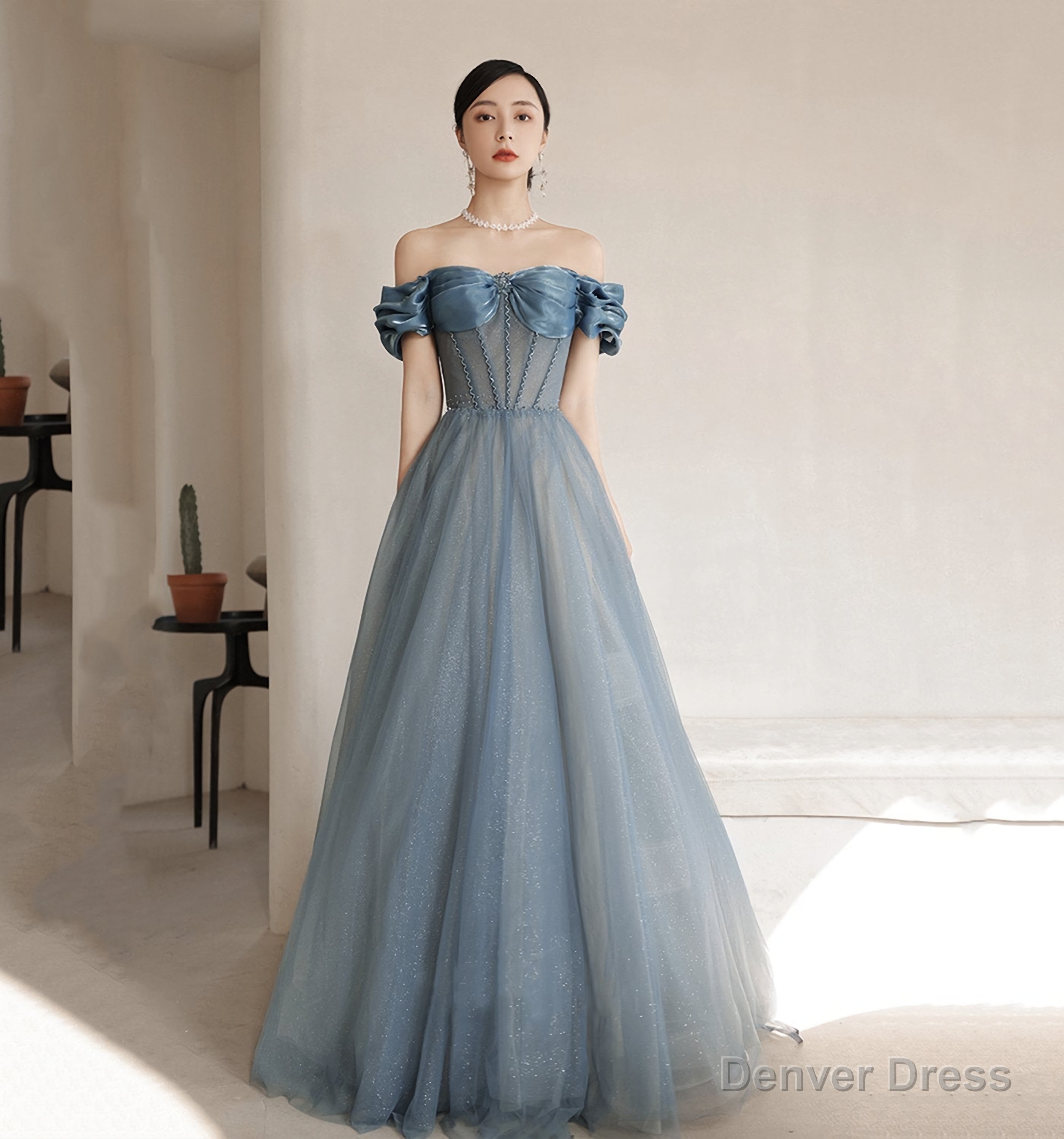 Blue Tulle Long A Line Prom Dress, Off Shoulder Prom Dresses