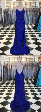 Trumpet Mermaid Royal Blue Long Prom Dresses, Spaghetti Straps Beading Prom Gown