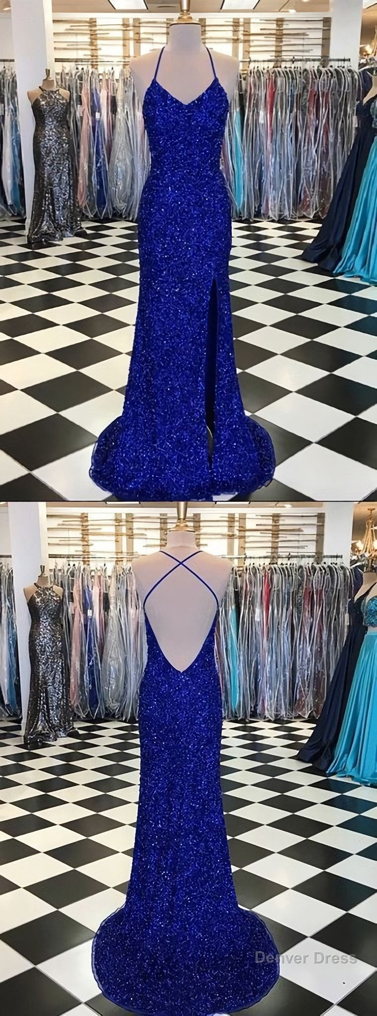 Trumpet Mermaid Royal Blue Long Prom Dresses, Spaghetti Straps Beading Prom Gown