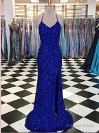 Trumpet Mermaid Royal Blue Long Prom Dresses, Spaghetti Straps Beading Prom Gown