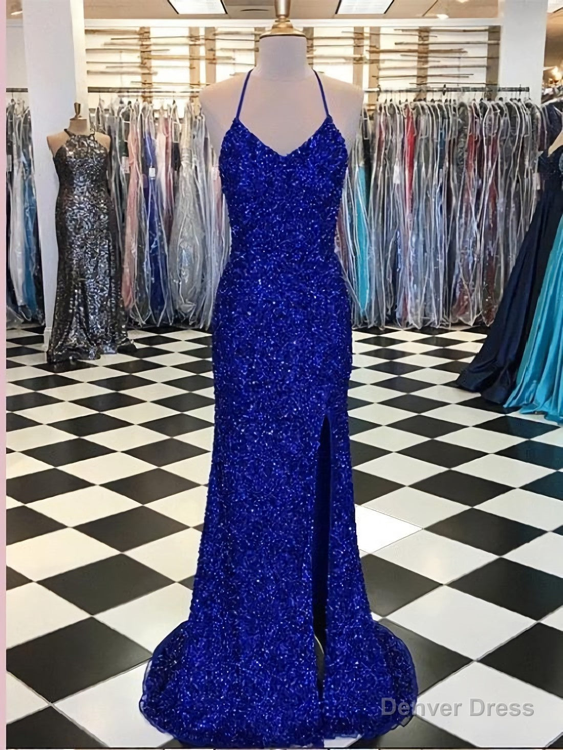 Trumpet Mermaid Royal Blue Long Prom Dresses, Spaghetti Straps Beading Prom Gown