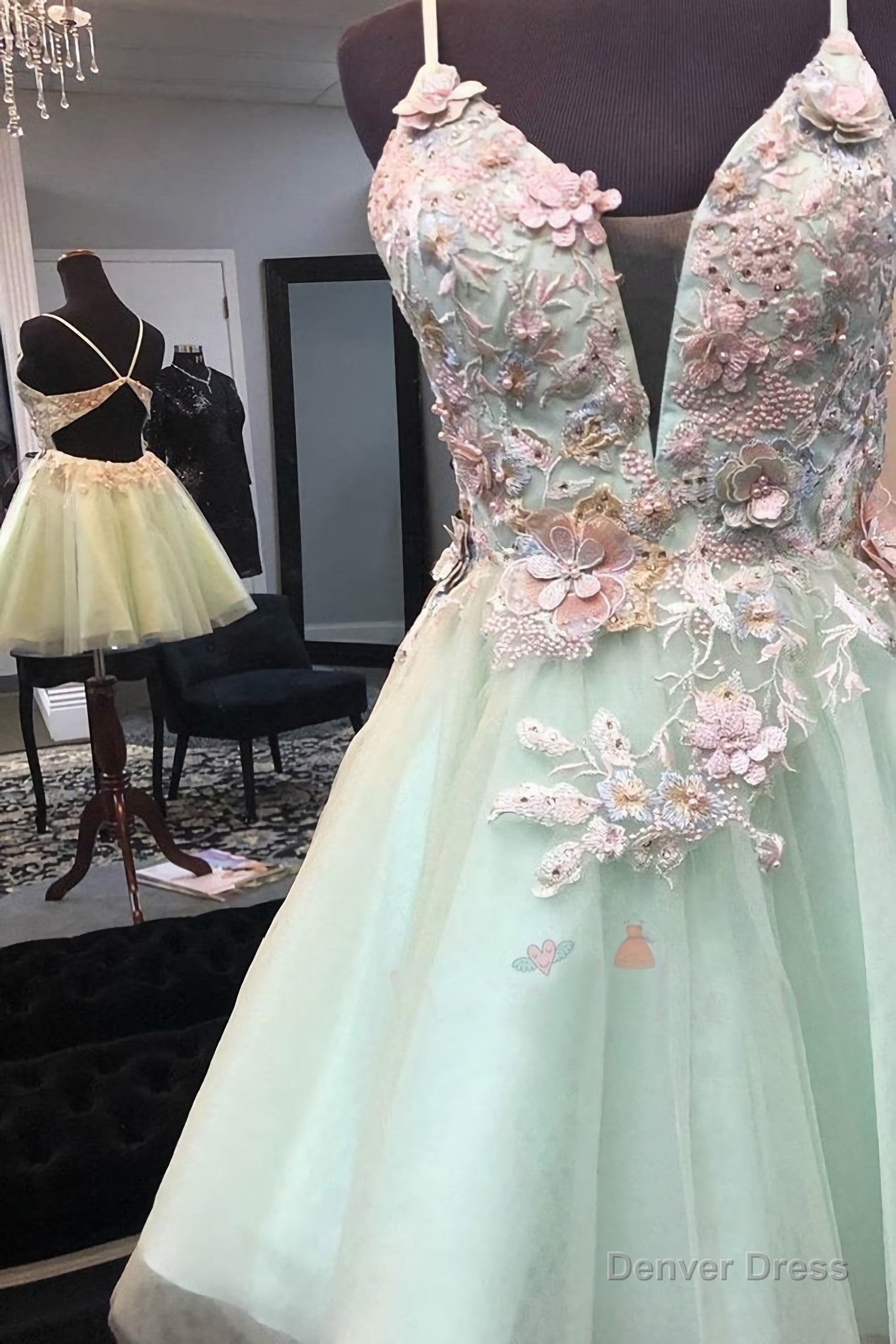 Mint Green Short Homecoming Dress, With Flowers Mini Tulle Graduation Dresses, With Pearls Secondary image
