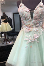 Mint Green Short Homecoming Dress, With Flowers Mini Tulle Graduation Dresses, With Pearls