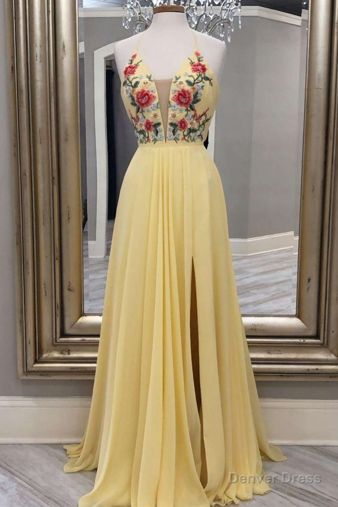 A Line Yellow Floral Embroidery Long Prom Dress, With Side Slit Main image