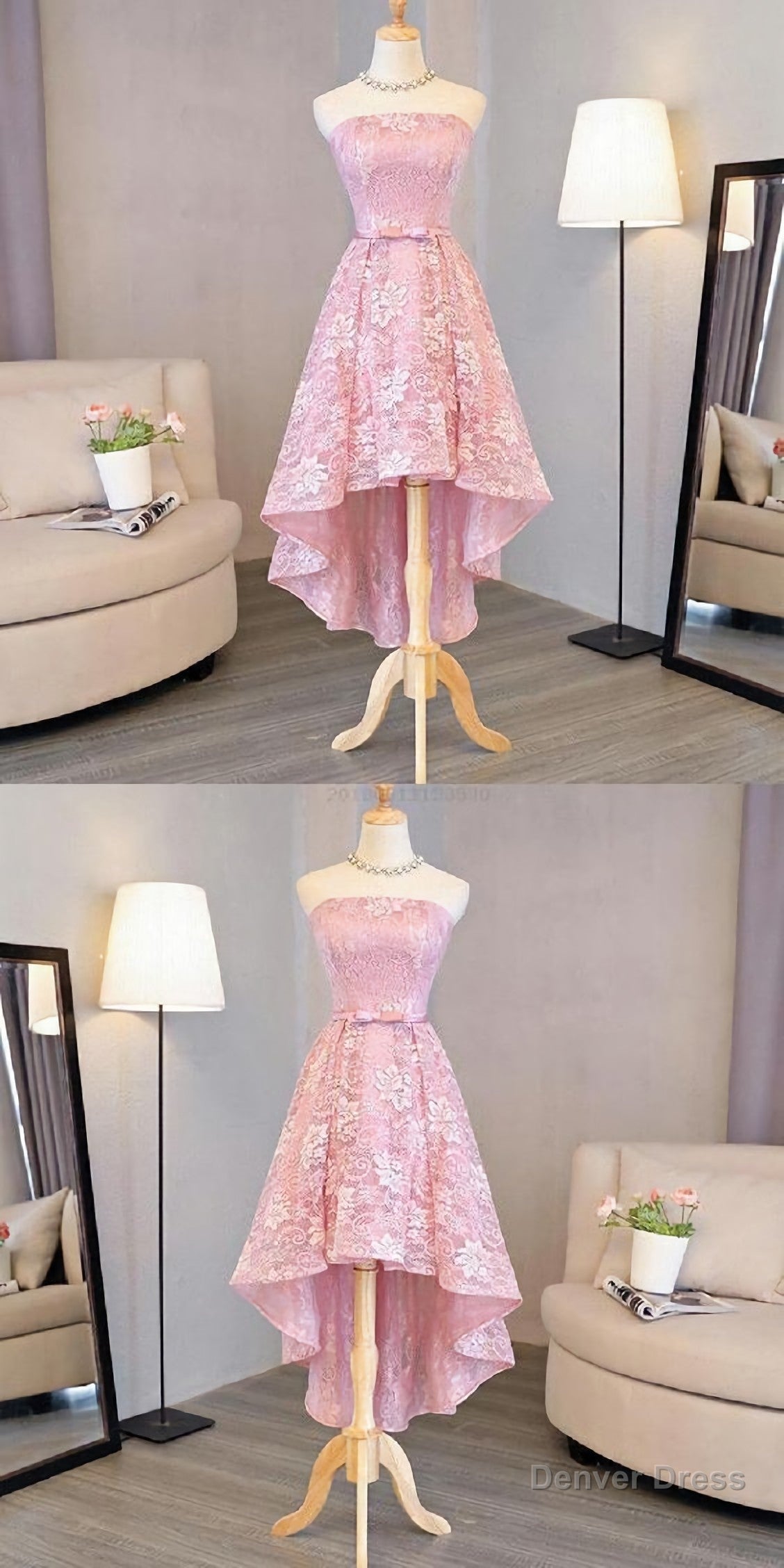 Nice Pink High Low Lace Dress, Pink High Low Dress, Lace Dress, Homecoming Dress Secondary image