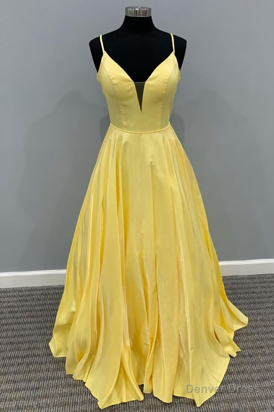 A Line Yellow Long With Spaghetti Straps Prom Dresses