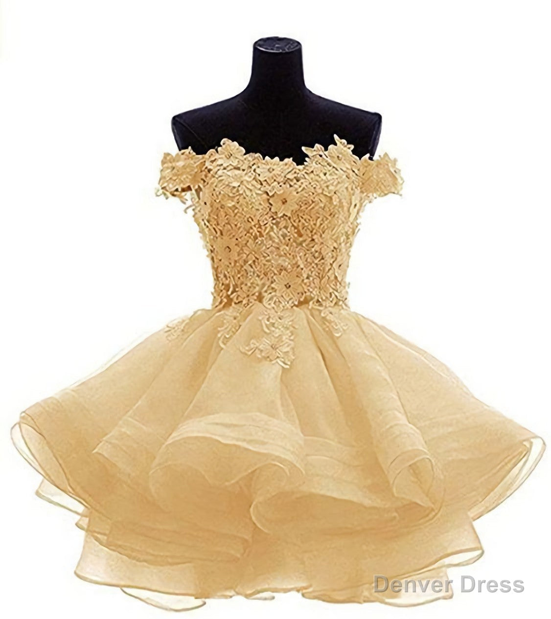 Elegant Yellow Appliques Tulle Dress, Ruffles Off Shoulder Short Homecoming Dresses Main image