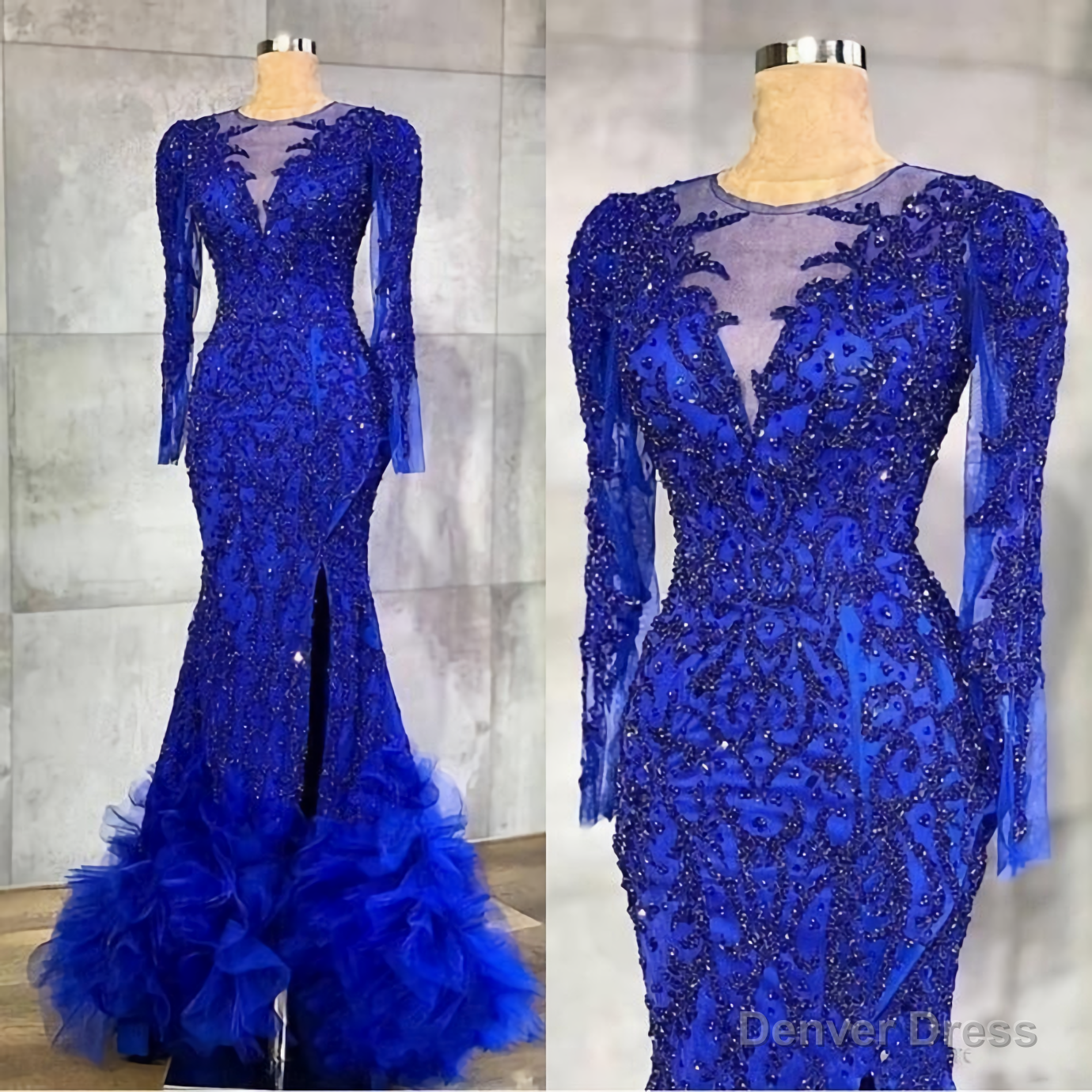 Long Prom Dress, Luxury Royal Blue Evening Dresses, Beaded Crystals Sheer Neck Mermaid Arabic Aso Ebi Party Gowns Main image