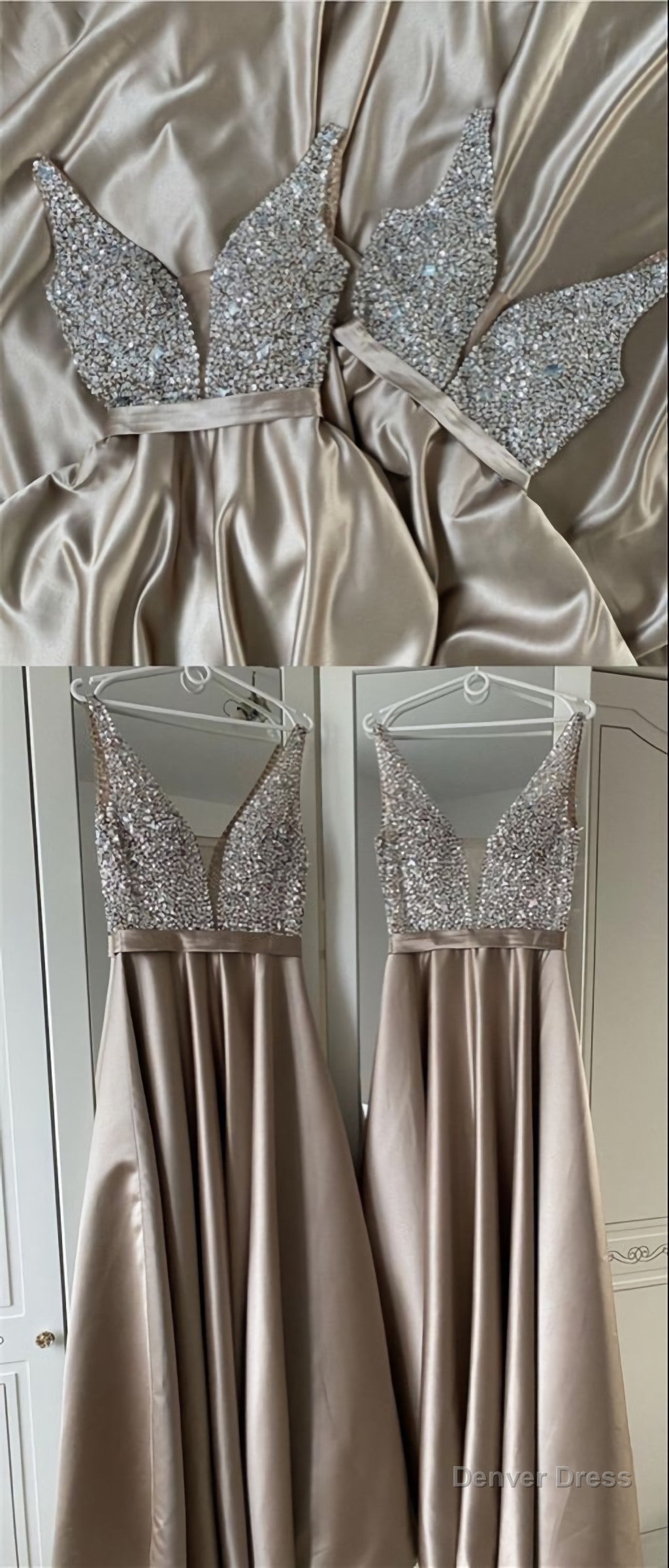 Long Champagne Satin Bridesmaid Dresses, Plunge Neck Beaded Top Prom Gowns