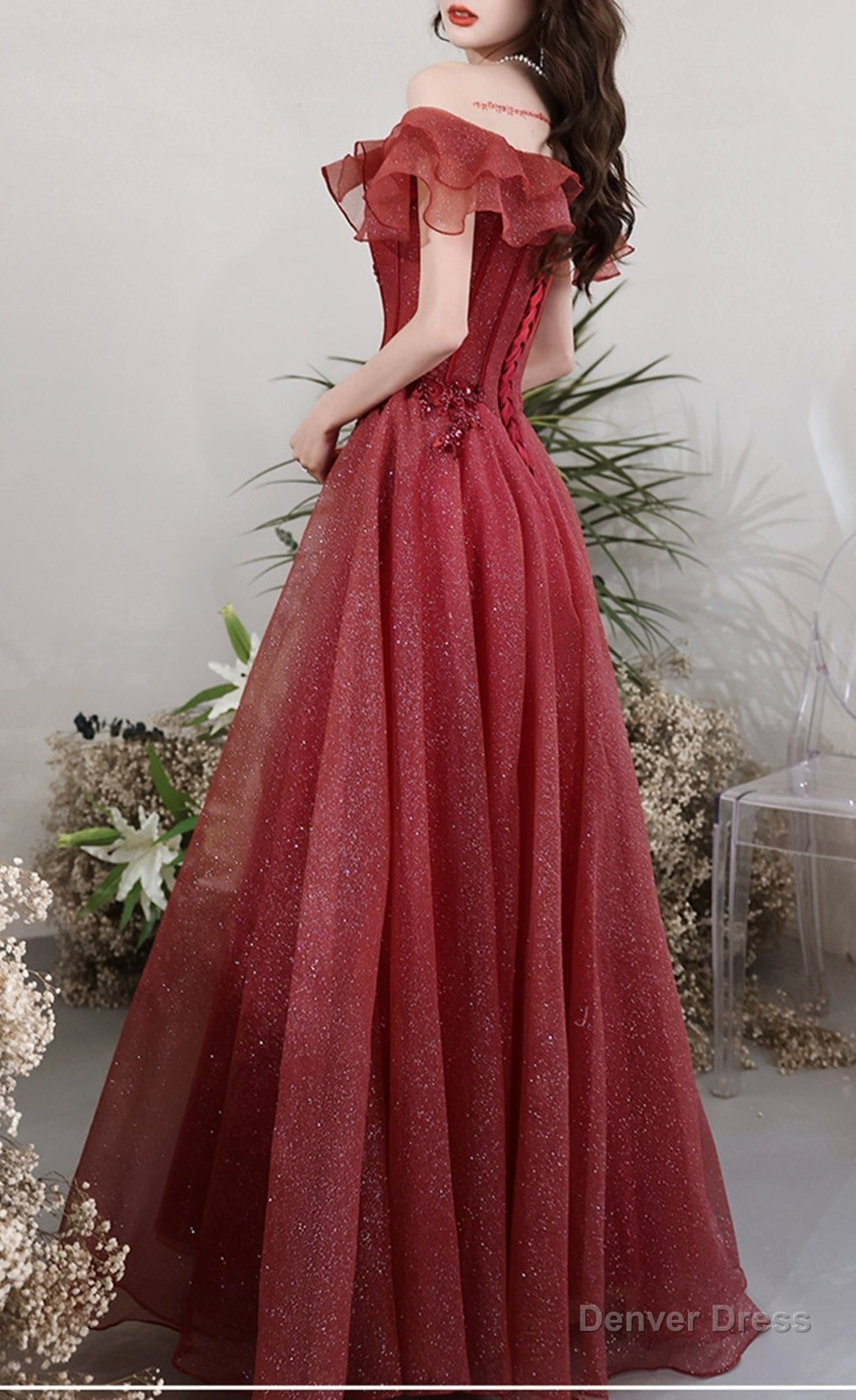 Burgundy Tulle Long A Line Prom Dress Main image