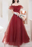 Burgundy Tulle Long A Line Prom Dress