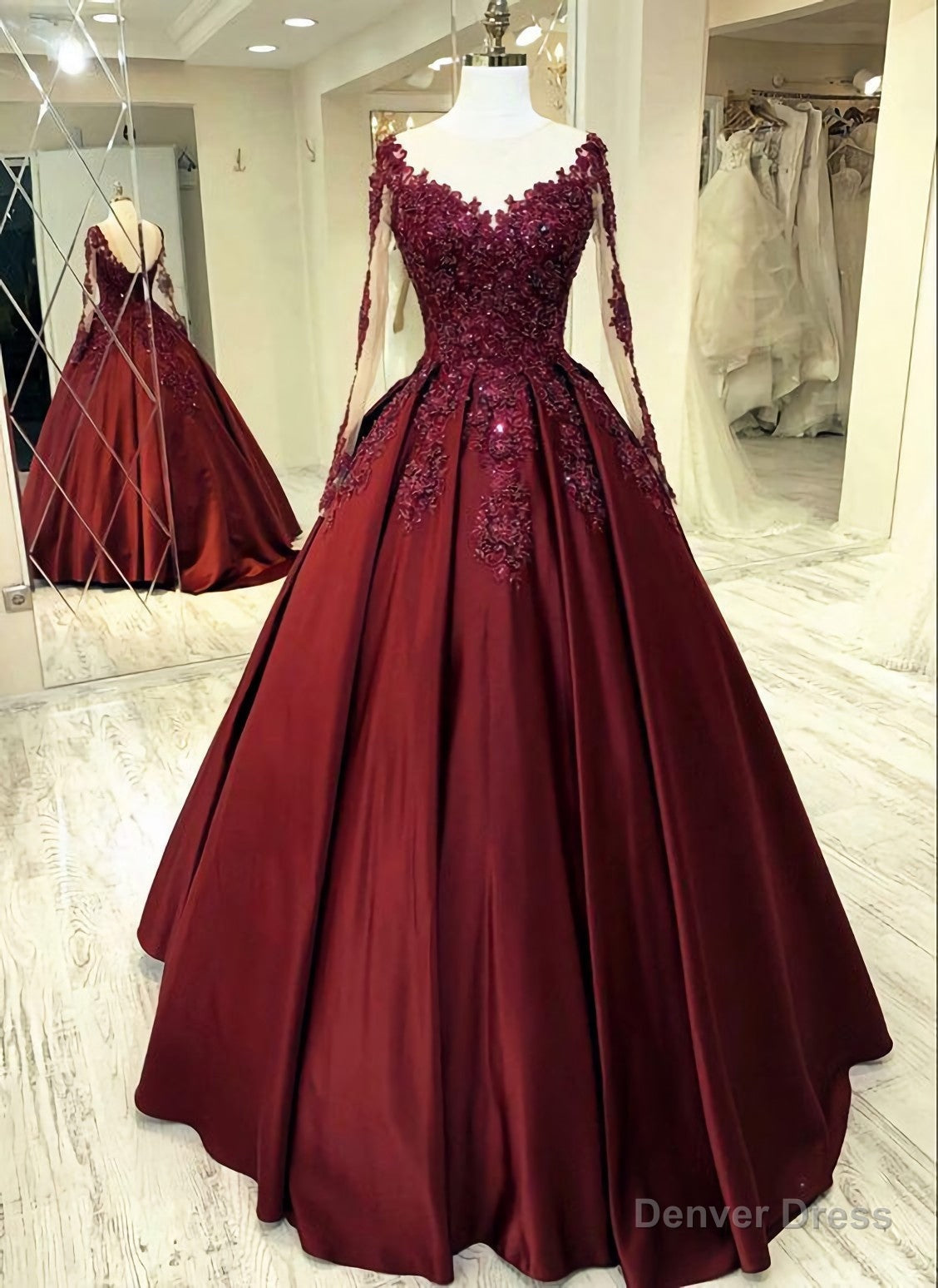 Elegant Burgundy Wedding Dress, Lace Long Sleeves Ball Gown Sheer Neckline For Women Prom Dress, Evening Dress Main image