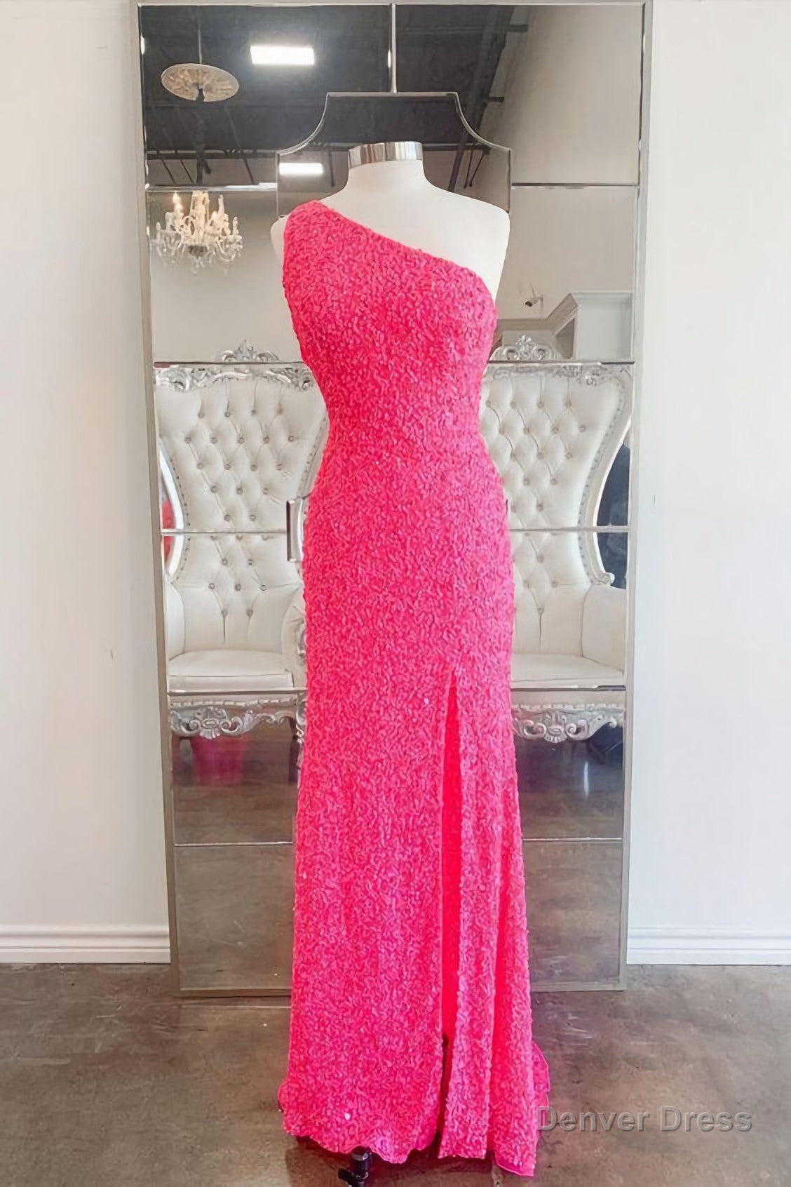 2025 One Shoulder Hot Pink Sequined Prom Dress Main image