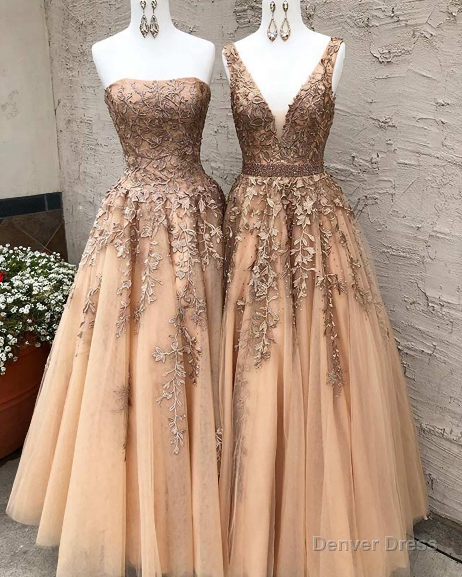 Long Champagne Prom Dress, Sexy V Neck Strapless A Line Appliques Formal Party Dresses Main image