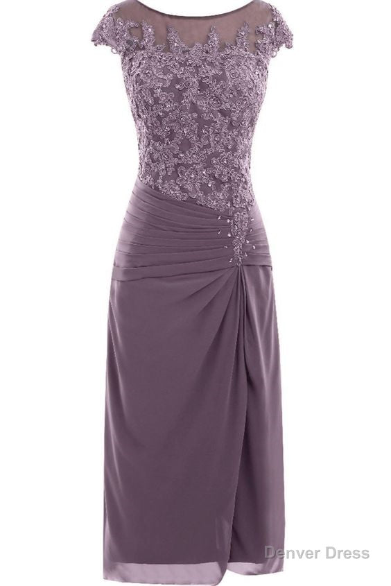knee length mauve tight chiffon mother of the bride/prom dress with cap sleeves