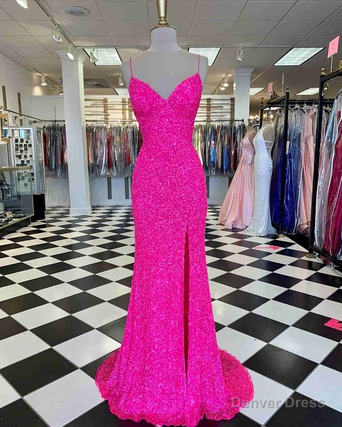 Hot Pink Straps Prom Dress, With Slit Main image