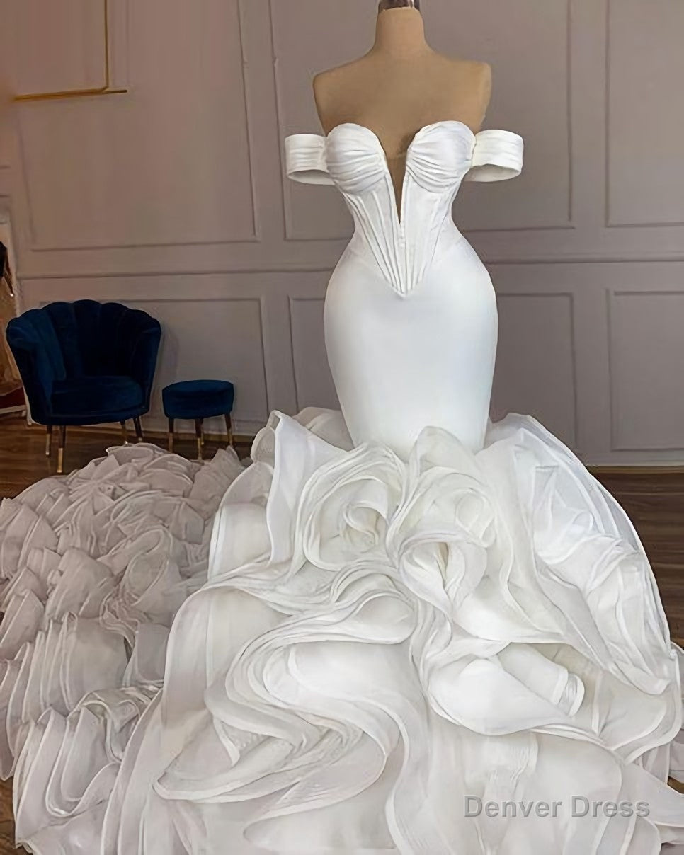 Elegant Mermaid African Women Wedding Dress 2026 Off The Shoulder Ruffles High Quality Satin Birdal White Wedding Gown Prom Dresses