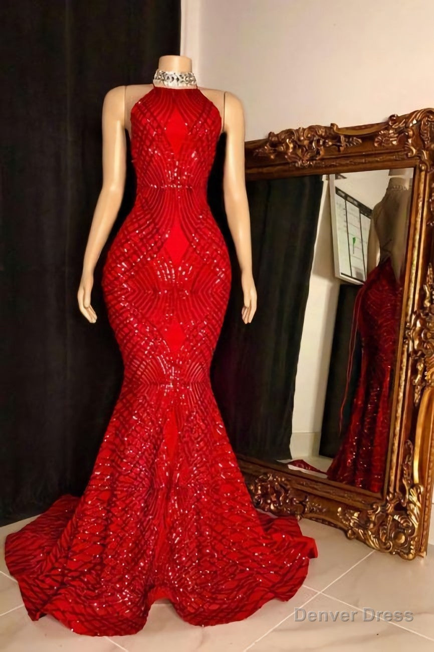 Halter Sleeveless Red Long Sequin Trumpet Prom Dresses Main image