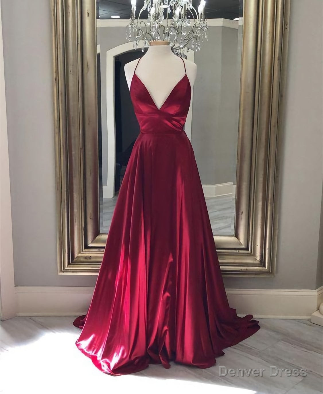 Spaghetti Straps Evening Gowns Dark Red Long Prom Dresses Main image