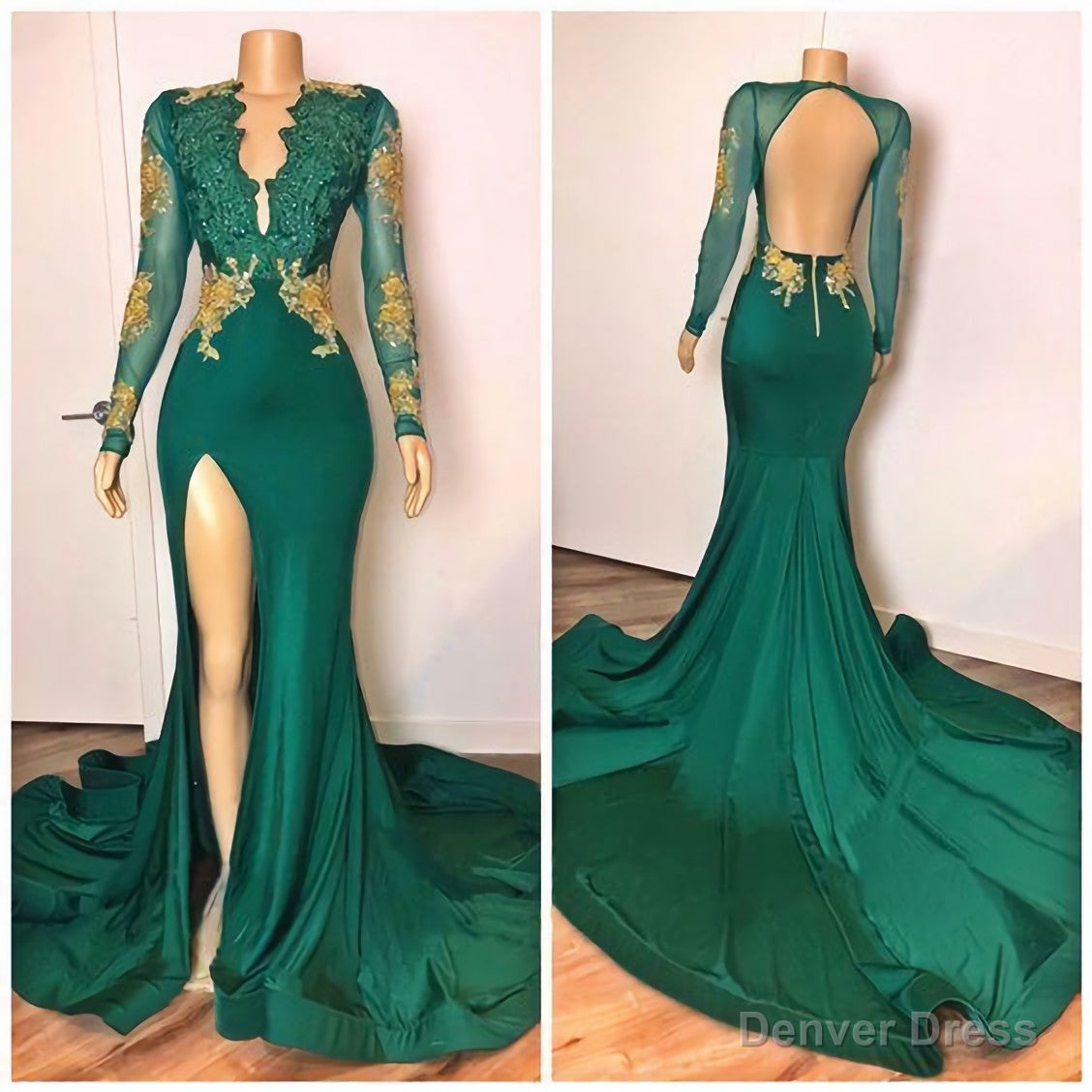Green Long Sleeves V Neck Lace Mermaid Prom Dress Main image