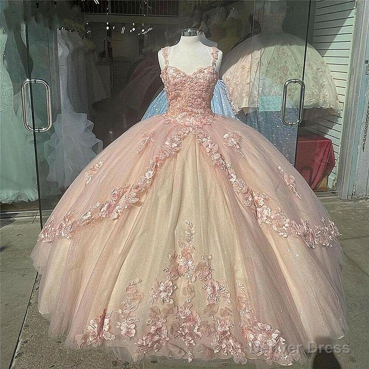 Pink Sparkly Quinceanera Prom Dresses, Lace Flower Sweet 16 Tulle Party Ball Gown Main image