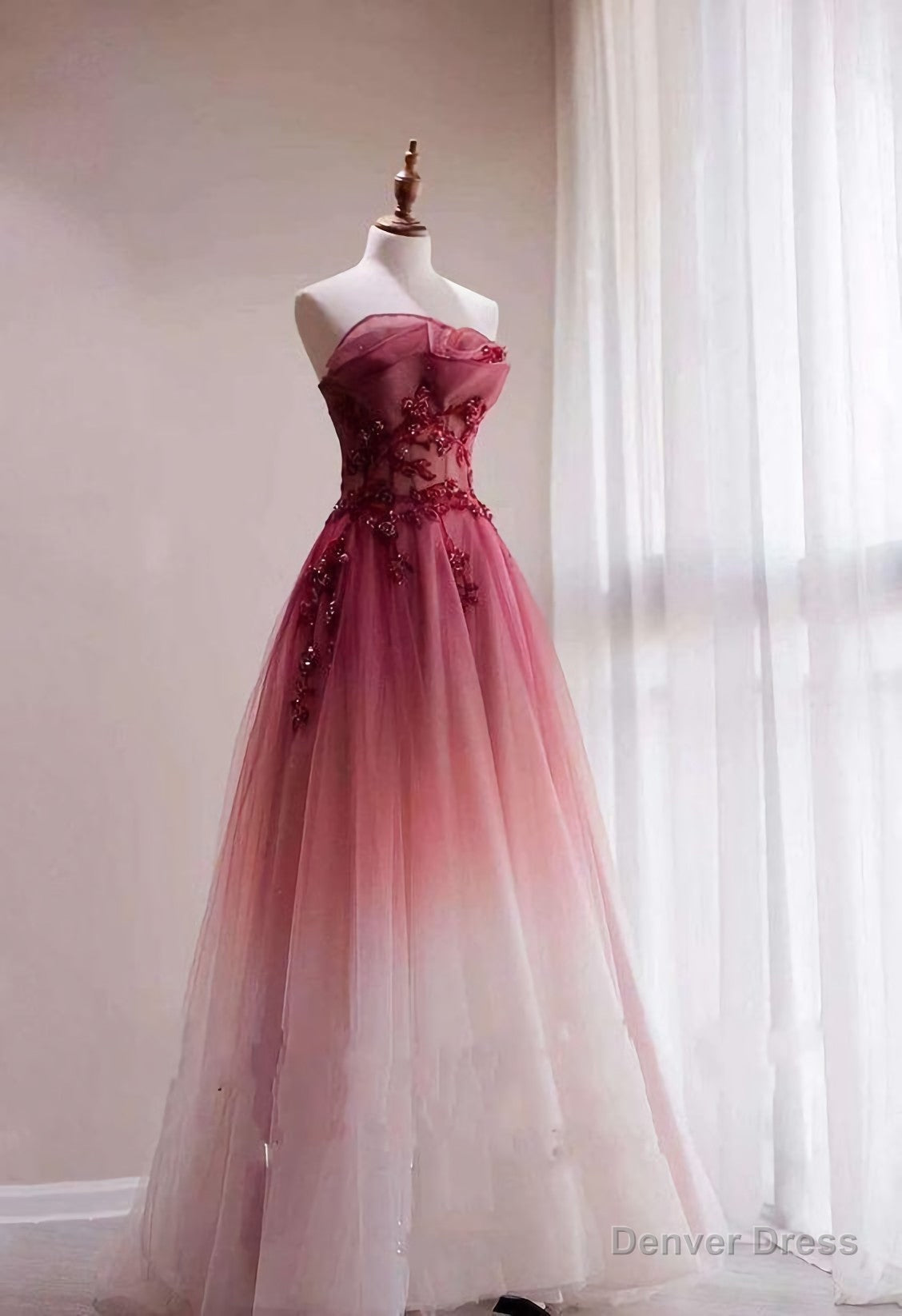 Red Gradient Prom Dress, Vintage Wedding Dress, Red Strapless Prom Dress, With Beaded Bridal Dresses