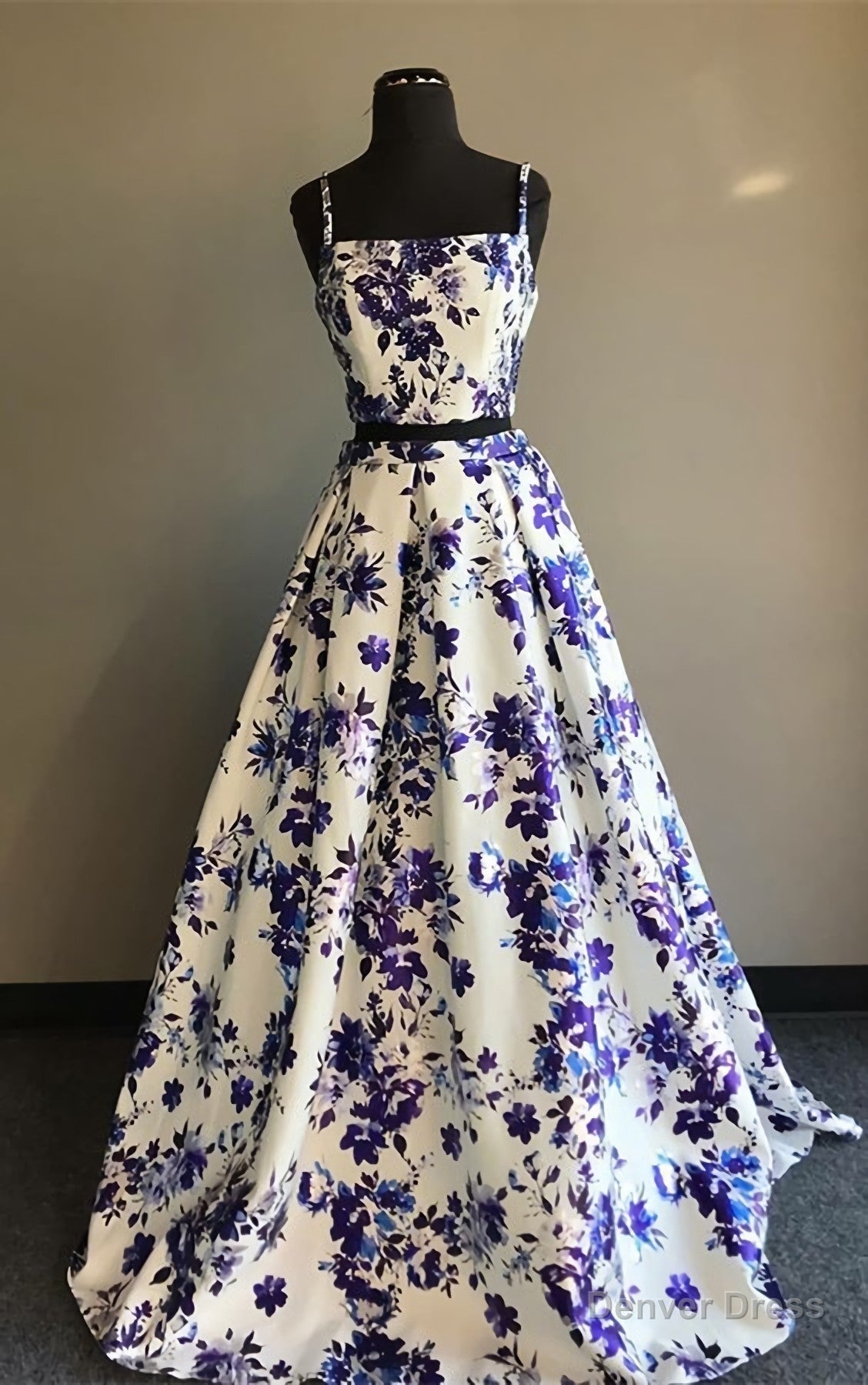 Two Piece Spaghetti Straps Floor Length White Printed Prom Dresses Main image