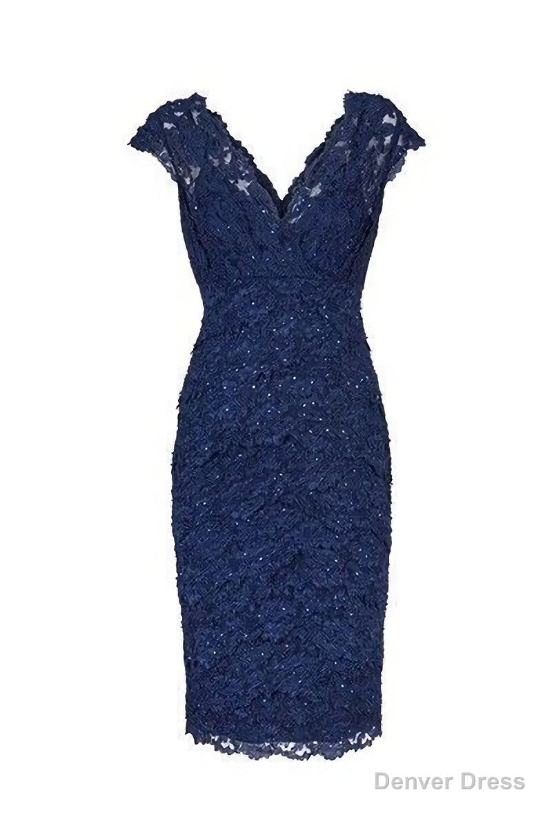 Sexy V Neck Navy Blue Lace Short Mother Of The Bride Dress, Homecoming Dresses