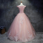 Pink Cap Sleeves Ball Gowns Tulle With Lace Sweet 16 Prom Dress, Long Quinceanera Dresses