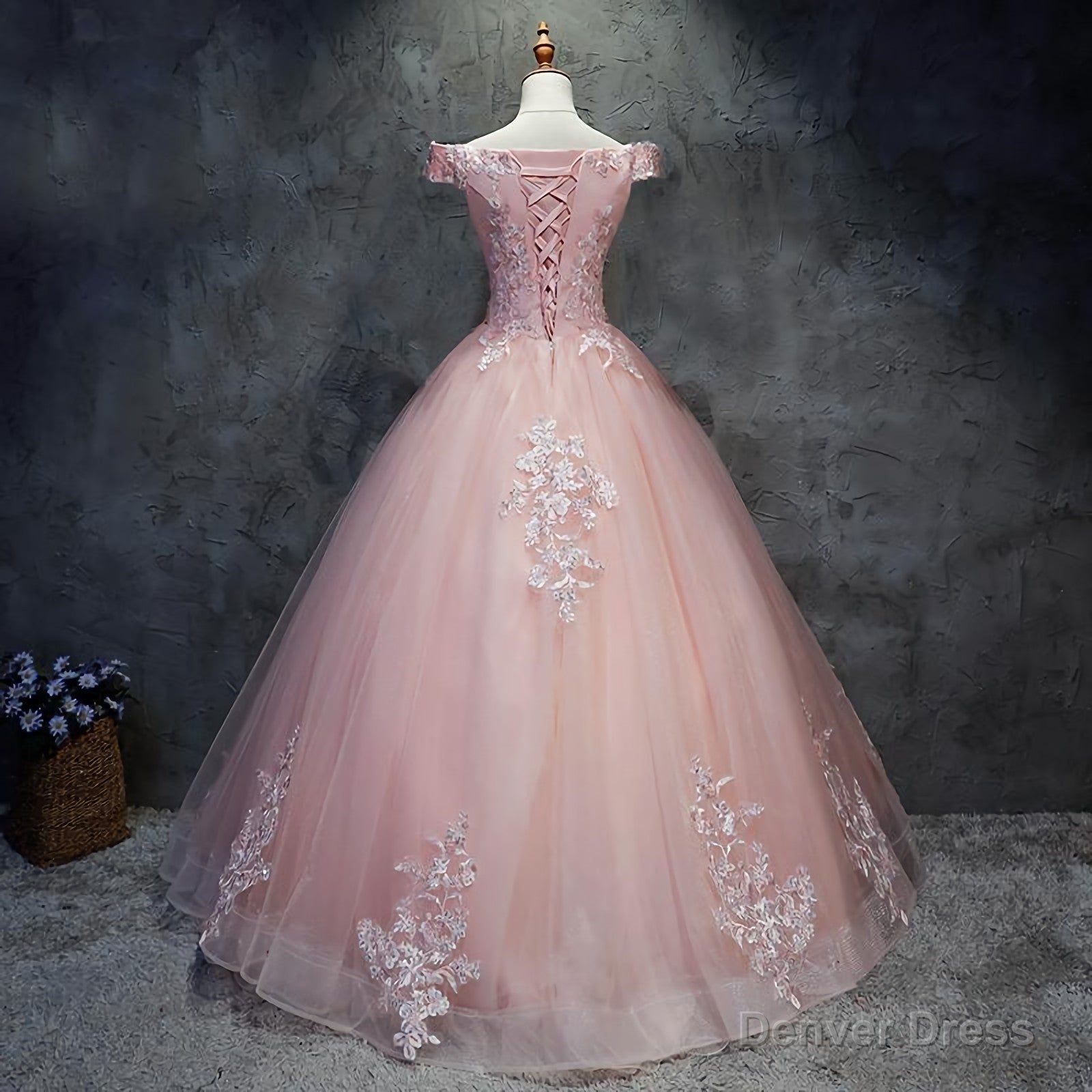 Pink Cap Sleeves Ball Gowns Tulle With Lace Sweet 16 Prom Dress, Long Quinceanera Dresses