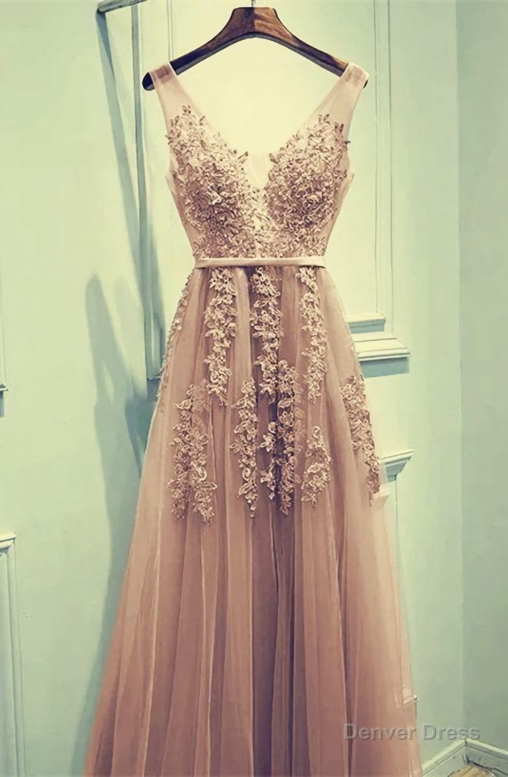 Lace Prom Dress, Champagne Tulle Bridesmaid Dresses, Appliques Main image