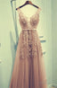Lace Prom Dress, Champagne Tulle Bridesmaid Dresses, Appliques