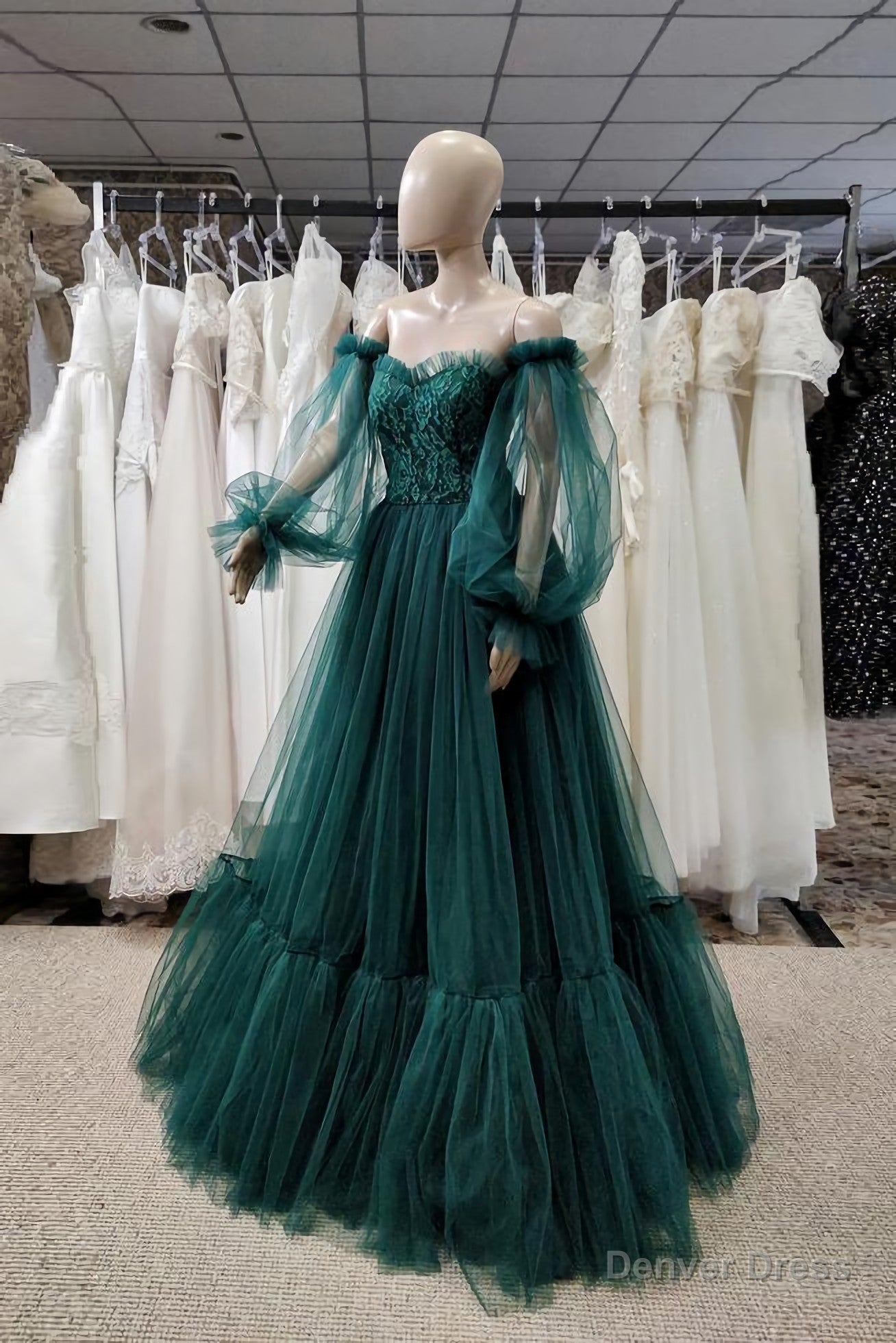 Pretty Green Lace Prom Dresses, Puff Long Sleeves Off The Shoulder Lace Appliques Tulle Ball Gown