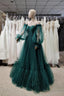 Pretty Green Lace Prom Dresses, Puff Long Sleeves Off The Shoulder Lace Appliques Tulle Ball Gown