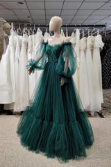 Pretty Green Lace Prom Dresses, Puff Long Sleeves Off The Shoulder Lace Appliques Tulle Ball Gown
